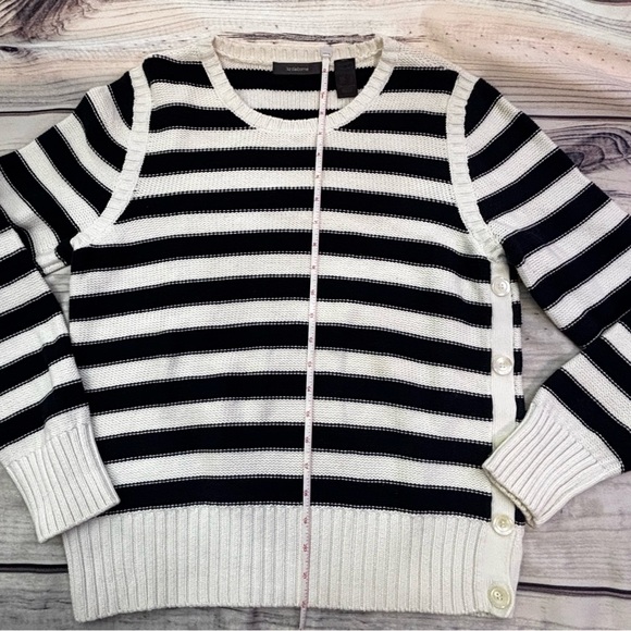 Liz Claiborne Navy & White Striped Crew Neck Sweater w/ Side Buttons 100% cotton - Picture 4 of 9